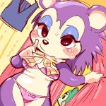  1:1 animal_crossing anthro black_eyes blue_eyeshadow blush blush_stickers bodily_fluids bow_panties bra breasts clothing curtains duo eulipotyphlan eyelashes eyeshadow female fur green_body green_fur hedgehog hi_res labelle_able makeup mammal nintendo panties purple_body purple_fur scarf shirt standing sweat topwear underwear uyu video_games 