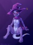  2019 3_toes 4_fingers anthro blush cape claws clothing digitigrade eddiew featureless_chest female fingers flat_chested genitals hat headgear headwear hi_res horn kobold looking_at_viewer magic_user navel nude open_mouth purple_background purple_body purple_clothing purple_eyes purple_scales pussy ring scales scalie simple_background sitting smile solo spread_legs spreading tail_ring toe_claws toes witch_hat 