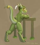  2019 anthro anus blush butt claws digitigrade eddiew featureless_chest female fence flat_chested genitals grass green_body green_scales hi_res horn horn_ring kobold looking_at_viewer looking_back loose_feather nude presenting presenting_hindquarters presenting_pussy pussy raised_tail ribbons scales scalie simple_background smile solo standing tail_ribbon toe_claws yellow_eyes 
