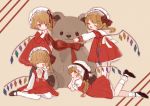  4girls :d ^_^ alternate_costume beige_background black_legwear black_ribbon blonde_hair bobby_socks chin_rest clone closed_eyes commentary doll_hug dress flandre_scarlet foot_up four_of_a_kind_(touhou) hat hat_ribbon long_sleeves lying medium_hair mob_cap multiple_girls on_stomach open_mouth pantyhose puffy_short_sleeves puffy_sleeves red_dress red_eyes red_ribbon ribbon rubbing_eyes short_sleeves side_ponytail simple_background sitting smile socks standing stuffed_animal stuffed_toy symbol_commentary teddy_bear touhou white_legwear wings yujup 