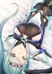  1girl bangs breasts chest_jewel cowboy_shot dutch_angle gloves green_hair highres large_breasts long_hair lying nano_mik on_back on_bed pneuma_(xenoblade_2) ponytail solo swept_bangs tiara upside-down xenoblade_(series) xenoblade_2 