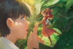  1boy 1girl absurdres arrietty black_hair drawing eye_contact from_side highres huge_filesize karigurashi_no_arrietty long_hair looking_at_another minigirl nham_nguyen open_mouth painterly painting peaceful plant ponytail red_hair shou_(karigurashi_no_arrietty) vines 