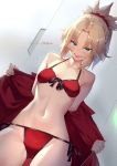  1girl bangs bare_shoulders blush braid breasts collarbone fate_(series) french_braid green_eyes hair_ornament hair_scrunchie highres jacket long_hair looking_at_viewer mordred_(fate)_(all) mordred_(swimsuit_rider)_(fate) navel open_mouth raijuu_(bakanara) red_jacket red_scrunchie scrunchie small_breasts thighs 