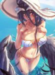  1girl absurdres albedo ass_visible_through_thighs bare_shoulders bikini black_hair breasts cameltoe cowboy_shot feathers finger_to_mouth hair_between_eyes hand_on_own_chest hat highres horns huge_filesize large_breasts lips looking_at_viewer low_wings mitsu_(mitsu_art) multi-strapped_bikini navel outdoors overlord_(maruyama) paid_reward parted_lips patreon_reward photoshop_(medium) side-tie_bikini sidelocks slit_pupils solo strapless strapless_bikini sun_hat swimsuit thigh_gap wading water wet white_bikini wings yellow_eyes 