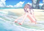  1girl beach bike_shorts blue_sky brown_eyes cloud day flat_chest full_body grey_hair head_tilt high_ponytail highres kantai_collection long_hair looking_at_viewer natsuki_(gedo) ocean outdoors partially_submerged sandals sky solo striped striped_bike_shorts waves zuihou_(kantai_collection) 