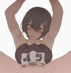  1boy 1girl armpits arms_up bangs bare_shoulders blush breasts brown_eyes brown_hair fang grey_background hair_ornament hairclip hetero large_breasts looking_at_viewer mdf_an open_mouth original paizuri paizuri_under_clothes penis short_hair simple_background sweat 