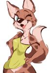  2020 anthro blue_eyes brown_body brown_fur brown_spots canid clothed clothing fangs featureless_crotch female fur hi_res mammal one_eye_closed open_mouth open_smile simple_background smile solo spots spotted_body spotted_fur tohupo tongue white_background wink 