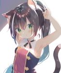  1girl :o animal_ear_fluff animal_ears armpits arms_up bangs bare_arms bare_shoulders black_hair blush breasts cat_ears cat_girl cat_tail commentary_request eyebrows_visible_through_hair green_eyes grey_background hair_between_eyes karyl_(princess_connect!) long_hair multicolored_hair parted_lips ponytail princess_connect! princess_connect!_re:dive shirt sleeveless sleeveless_shirt small_breasts solo streaked_hair tail two-tone_background tying_hair upper_body very_long_hair white_background white_hair white_shirt yuizaki_kazuya 