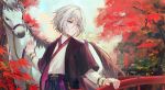  1boy bangs black_eyes blue_eyes blurry blurry_background bridge chain chinese_clothes commentary_request csyday day expressionless fate/grand_order fate_(series) gao_changgong_(fate) grey_hair hair_between_eyes highres horse horse_tail japanese_clothes leaf male_focus maple_leaf open_clothes outdoors silver_hair sky tail tree white_hair wide_sleeves 