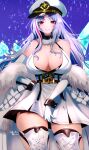  1girl azur_lane bangs bare_shoulders blue_background blush breasts cleavage closed_mouth coat commentary_request cowboy_shot dress eyebrows_visible_through_hair fur-trimmed_coat fur_collar fur_trim gloves hachimitsu_hinako hat highres large_breasts long_hair looking_at_viewer mole mole_on_breast multicolored_hair off_shoulder parted_bangs peaked_cap pink_hair red_eyes sidelocks signature silver_hair skindentation sleeveless sleeveless_dress smile solo standing streaked_hair tallinn_(azur_lane) thighhighs underbust white_coat white_gloves white_hair wrist_cuffs zettai_ryouiki 