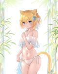  1girl absurdres animal_ears bare_shoulders bikini blonde_hair blue_eyes cat_ears cat_girl cat_tail collarbone cowboy_shot flower guo582 hair_flower hair_ornament hanazono_serena hanazono_serena_(channel) hand_up highres jewelry long_hair looking_at_viewer navel necklace off-shoulder_swimsuit off_shoulder parted_lips side-tie_bikini solo spaghetti_strap standing stomach string_bikini swimsuit tail thighs virtual_youtuber white_bikini 