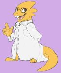  alphys anthro barefoot barkbox belly bodily_fluids breasts brown_eyes buckteeth clothed clothing coat eyewear female glasses hands_behind_back lab_coat looking_at_viewer nervous non-mammal_breasts open_mouth open_smile overweight overweight_anthro overweight_female reptile scales scalie simple_background smile solo sweat teeth thick_tail topwear undertale video_games yellow_body yellow_scales 
