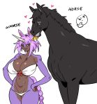  &lt;3 animal_humanoid big_breasts black_body black_fur bra breasts brown_body brown_skin clothing condom condom_in_mouth duo equid equid_humanoid equine female feral fur hair hand_on_hip hi_res horn horse humanoid imminent_sex jeej_oh larger_male licking licking_lips looking_down male mammal mammal_humanoid panties pink_hair purple_body purple_eyes purple_fur sexual_barrier_device showing_teeth simple_background size_difference smaller_female text tongue tongue_out underwear unicorn_humanoid white_background 