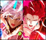  2boys abs alternate_costume alternate_hairstyle angry arjuna_alter bangs blue_eyes chest_tattoo dark_skin dark_skinned_male earrings fate/grand_order fate_(series) fighting_stance glowing_horns hair_between_eyes heterochromia highres horns hukahire0313 jewelry karna_(fate) lance long_hair looking_at_viewer male_focus multiple_boys open_mouth pale_skin polearm red_hair shiny shiny_hair shirtless split_screen tail tattoo toned toned_male upper_body weapon white_hair yellow_eyes 