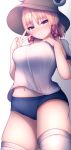  1girl arms_up blonde_hair blue_shorts blush breasts brown_headwear buruma closed_mouth darumoon eyebrows_visible_through_hair highres looking_at_viewer moriya_suwako navel pyonta shirt short_hair short_hair_with_long_locks short_sleeves shorts simple_background solo thighs touhou v white_background white_legwear white_shirt white_sleeves yellow_eyes 