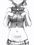  1girl bad_id bad_twitter_id bare_arms bare_shoulders belt body_writing bow bowtie closed_mouth cowboy_shot facing_viewer followers greyscale hands_up head_out_of_frame highres hololive midriff monochrome nanashi_(nlo74593630) navel oozora_subaru shorts smile solo standing stomach 
