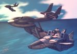  aircraft airplane cloud core_fighter dated fighter_jet flying gundam highres jet mecha military military_vehicle mn_315_art no_humans ocean setter_h926 signature sky vehicle victory_gundam victory_gundam_hexa 