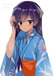  1girl black_eyes blue_kimono commentary_request fathom floral_print headgear highres i-400_(kantai_collection) japanese_clothes kantai_collection kimono long_hair looking_at_viewer purple_hair simple_background smile solo tan upper_body white_background yukata 