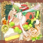  1girl apron brown_eyes cake copyright_name fairy fairy_wings finger_to_mouth flower food gem glasses green_hair index_finger_raised nishihara_isao one_eye_closed pixiv_fantasia pixiv_fantasia_4 pointy_ears shushing solo wings 