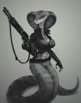  2020 agent_torque ammo_belt armor big_breasts breasts cleavage clothed clothing female greyscale gun hi_res holding_object holding_weapon impracticalart monochrome naga non-mammal_breasts orange_sclera pupils ranged_weapon reptile scalie serpentine shotgun slit_pupils snake snake_hood solo spas-12 trigger_discipline video_games viper_(x-com) weapon x-com x-com:_chimera_squad 