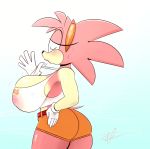  accessory amy_rose anthro big_breasts big_butt blue_background blush bodily_fluids bottomwear breasts butt clothing curvy_figure eulipotyphlan female gloves handwear headband hedgehog hi_res hourglass_figure mammal ota_(artist) shirt shorts side_boob simple_background solo sonic_the_hedgehog_(series) sweat tank_top thick_thighs topwear translucent translucent_clothing voluptuous 