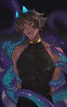  1boy absurdres arjuna_(fate/grand_order) arjuna_alter bangs black_hair blurry blurry_background brown_hair chest covered_abs dark_skin dark_skinned_male expressionless fate/grand_order fate_(series) fengyin_shici_guozi glowing_horns hair_between_eyes highres horns looking_at_viewer male_focus shiny shiny_hair sleeveless solo tentacles upper_body 