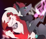  2017 ambiguous_gender black_claws black_inner_ear blue_eyes canid canine cheek_tuft claws duo facial_tuft fingers fur gloves_(marking) grey_body grey_fur hair highlights_(coloring) looking_at_another luicario lycanroc mammal markings midnight_lycanroc nintendo pok&eacute;mon pok&eacute;mon_(species) ponytail red_body red_claws red_eyes red_fur red_hair sharp_teeth shoulder_tuft smile teeth tuft video_games white_body white_fur white_hair zoroark 