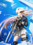  1girl animal_ears bayonet big.c black_jacket floating_hair from_side gun highres holding holding_gun holding_weapon jacket looking_ahead motion_blur pixiv_fantasia pixiv_fantasia_new_world science_fiction skirt thigh_strap weapon white_hair white_skirt 