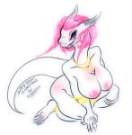  anthro anthrofied blush breasts claws collar fangs female hair horn jewelry nipples open_mouth open_smile pink_eyes pink_hair simple_background smile solo vipery-07 white_background 