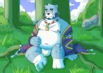  2020 anthro asian_clothing belly blue_body blue_fur bonasiah bulge clothing detailed_background east_asian_clothing full_attack fundoshi fur hi_res hokolee32 japanese_clothing kemono male mammal moobs navel nipples outside overweight overweight_anthro overweight_male robe sitting solo underwear ursid white_body white_fur 十泉介 