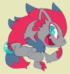  2017 ambiguous_gender anthro blue_eyes canid canine chibi claws cute_fangs extyrannomon_(artist) facial_markings fangs fur grey_body grey_fur hair head_markings highlights_(coloring) mammal markings nintendo open_mouth open_smile pok&eacute;mon pok&eacute;mon_(species) ponytail pupils red_claws red_hair red_inner_ear red_markings simple_background slit_pupils smile solo toe_claws tuft video_games yellow_background zoroark 