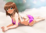  1girl ass bikini blurry breasts brown_hair cleavage commentary_request depth_of_field green_eyes looking_at_viewer lying medium_breasts monteriakitto on_stomach original pink_bikini short_hair solo sweater swimsuit 