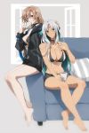  2girls amazuki_jou azur_lane bikini bikini_top black_jacket body_markings bodypaint center_opening choker coffee coffee_mug commentary_request couch cup dark_skin facial_mark feather_hair_ornament feathers forehead_mark hair_feathers hand_on_another&#039;s_head highres holding holding_cup jacket jean_bart_(azur_lane) light_brown_hair long_hair massachusetts_(azur_lane) mug multicolored_hair multiple_girls native_american open_clothes open_jacket orange_eyes pillow red_eyes short_shorts shorts swimsuit two-tone_hair white_hair white_nails yuri 