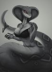  2020 anthro big_breasts bottomless bra breasts claws cleavage clothed clothing female hi_res impracticalart monochrome naga non-mammal_breasts off_shoulder panties reptile scalie serpentine snake solo underwear video_games viper_(x-com) x-com 
