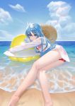 1girl ahoge bangs beach bikini blue_eyes blue_hair blue_sky closed_mouth cloud cloudy_sky commentary_request denpa_onna_to_seishun_otoko eyelashes foot_out_of_frame hat hat_removed headwear_removed inflatable_toy knees_together_feet_apart legs long_hair long_legs long_sleeves looking_at_viewer lying mi8pq on_side red_bikini see-through shiny shiny_hair shirt sidelocks sky smile soles solo sun_hat swimsuit swimsuit_under_clothes touwa_erio water wet wet_clothes wet_shirt white_shirt 