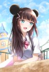  1girl :d animal_ears bangs black_hairband blue_eyes blue_sky blunt_bangs blush bow breasts brown_hair cloud cloudy_sky collared_shirt commentary_request day dress_shirt eyebrows_visible_through_hair fake_animal_ears hair_ornament hairband hairclip highres kurosawa_dia long_hair looking_away looking_to_the_side love_live! love_live!_sunshine!! mickey_mouse_ears mole mole_under_mouth mouse_ears open_mouth outdoors pink_bow shirt sin_(sin52y) sky small_breasts smile solo upper_body upper_teeth white_shirt 
