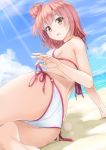  1girl arm_support ass bare_arms bare_shoulders barefoot beach bikini blue_sky breasts cloud commentary_request day from_behind hair_bun light_rays looking_at_viewer looking_back medium_breasts miri_(ago550421) ocean on_ground outdoors parted_lips pink_ribbon red_eyes red_hair ribbon short_hair side-tie_bikini sideboob sky solo sparkle sunbeam sunlight swimsuit white_bikini yahari_ore_no_seishun_lovecome_wa_machigatteiru. yuigahama_yui 