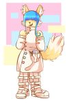  abstract_background absurd_res anthro bangs blue_hair boots canid canine clothing coat dipstick_tail footwear fox fur ghost_cookie hair hair_over_eyes hi_res interphore lab_coat long_hair male mammal multicolored_tail smile solo standing tools topwear yellow_body yellow_fur 