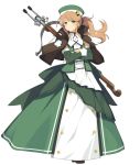  1girl bow_(weapon) brown_hair capelet crossbow crossed_arms detached_sleeves dress evenicle full_body green_dress green_eyes hat kathryn_lapucelle long_dress long_hair looking_at_viewer official_art ponytail solo tachi-e weapon 