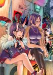  2girls absurdres bangs bob_cut breasts contemporary dhtpgjs1997 eyeliner fate/grand_order fate_(series) headpiece highres horns large_breasts long_hair looking_at_viewer makeup minamoto_no_raikou_(fate/grand_order) multiple_girls oni oni_horns open_mouth parted_bangs purple_eyes purple_hair short_eyebrows short_hair shuten_douji_(fate/grand_order) skin-covered_horns small_breasts smile very_long_hair 