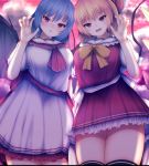  2girls bat_wings blonde_hair blush bow breasts collared_dress crystal darumoon dress eyebrows_visible_through_hair flandre_scarlet frilled_dress frills hair_between_eyes hair_bow highres looking_at_viewer multiple_girls neck_ribbon open_mouth outdoors purple_hair red_bow red_dress red_eyes red_frills red_neckwear red_sash remilia_scarlet ribbon sash short_hair short_sleeves smile thighs touhou white_dress white_frills white_sash white_sleeves wings yellow_neckwear yellow_ribbon 