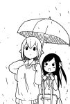  2girls :o bag black_hair blazer blush bow collared_shirt commentary_request cowboy_shot flower greyscale hair_flower hair_ornament high_contrast highres hitori_bocchi hitoribocchi_no_marumaru_seikatsu holding holding_bag holding_umbrella jacket katsuwo_(cr66g) long_hair looking_up medium_hair monochrome multiple_girls open_mouth pleated_skirt rain school_bag school_uniform shirt skirt standing sunao_nako sweater umbrella water_drop white_background 