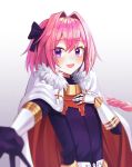  1boy absurdres astolfo_(fate) bangs black_bow blurry_foreground blush bow braid cape commentary_request eyebrows_visible_through_hair fang fate/apocrypha fate_(series) fur_trim gauntlets grey_background hair_intakes highres long_hair looking_at_viewer male_focus multicolored_hair open_mouth otoko_no_ko pink_hair purple_eyes red_cape simple_background single_braid skin_fang smile solo white_cape yeoru 