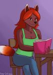  2020 absurd_res anthro black_nose book bottomwear breasts canid canine chair cleavage clothed clothing female fox furniture hair hi_res holding_book holding_object kingdorkster mammal orange_hair pants reading sitting solo terraria zoologist_(terraria) 