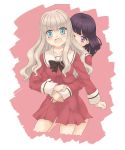  2girls angry black_hair blazer blonde_hair blue_eyes blush couple embarrassed fang highres hug hug_from_behind jacket kawamura_reo long_hair looking_at_another multiple_girls purple_eyes red_jacket sawaguchi_mai school_uniform short_hair skirt small_gyaku_(cyjalway) sono_hanabira_ni_kuchizuke_wo st._michael&#039;s_school_uniform tears thighs tsundere uniform yuri 