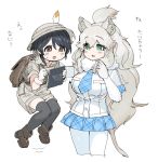  2girls animal_ears backpack bag beige_shirt beige_shorts big_hair black_hair black_legwear blue_eyes blue_neckwear boots brown_footwear captain_(kemono_friends) collared_shirt commentary_request elbow_gloves fur_collar gloves hat_feather helmet highres holding_another japari_symbol kemono_friends kemono_friends_3 khakis lion_ears lion_girl lion_tail long_hair multiple_girls necktie notebook pantyhose pith_helmet plaid plaid_neckwear plaid_skirt plaid_trim pleated_skirt shirt short_hair short_sleeves skirt spawnfoxy tail thighhighs translation_request uniform white_gloves white_hair white_legwear white_lion_(kemono_friends) white_shirt zettai_ryouiki 