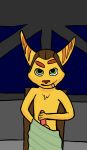  anthro fur green_eyes hi_res lexistheleoxain lombax male mammal masturbation ratchet ratchet_and_clank solo space tongue tongue_out towel towel_only video_games yellow_body yellow_fur 