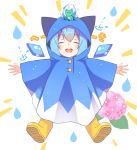  1girl bangs blue_hair boots child cirno closed_eyes eyebrows_visible_through_hair flower frog frozen_frog highres hood hood_up hydrangea light_blush open_mouth outstretched_arms poncho raincoat rubber_boots simple_background smile solo spread_arms spread_legs touhou tsuri_buta water_drop wet wet_clothes white_background wings 