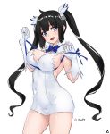  1girl arm_ribbon black_hair blue_eyes blue_ribbon breasts cleavage cleavage_cutout covered_navel dress dungeon_ni_deai_wo_motomeru_no_wa_machigatteiru_darou_ka gloves hair_ribbon hestia_(danmachi) highres large_breasts long_hair oliver_koito pencil_dress rei_no_himo ribbon short_dress sleeveless sleeveless_dress solo twintails white_dress white_gloves 