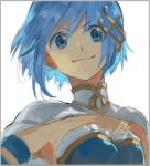  &gt;:) 1girl blue_eyes blue_hair breasts cape fortissimo fortissimo_hair_ornament hair_ornament magical_girl mahou_shoujo_madoka_magica miki_sayaka nishihara_isao oekaki short_hair sketch smile solo white_cape 